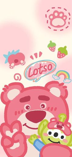 a pink teddy bear holding a green toy in front of it's face with the word loto above it