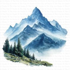 a watercolor painting of mountains with trees on the side and fog in the air