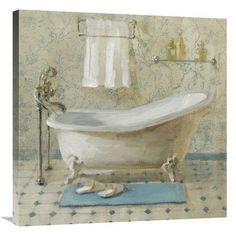 a painting of a bathtub with slippers on the floor