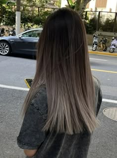 Dark Ash Brown Hair Balayage Straight, Balayage Hair Long Hair Brunettes, Brown To Ash Brown Balayage, Grey Silver Balayage, Mushroom Brown Hair Color Straight, Dark Hair With Frosted Highlights, Dark Ash Ombre Hair, Ash Brown Ombre On Black Hair, Black With Ashy Highlights