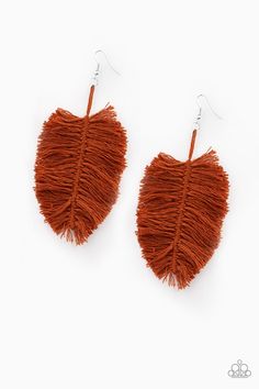 Featuring an earthy brown hue reminiscent of terracotta, a loop of thread gives way to a leafy brown fringe, creating a statement-making texture. Earring attaches to a standard fishhook fitting. Sold as one pair of earrings. Bedazzled Jewelry, Hanging By A Thread, Brown Fringe, Brown Earrings, Earthy Brown, Macrame Knot, Family Jewels, Paparazzi Accessories, Affordable Jewelry