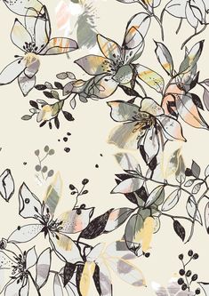 an abstract floral pattern with leaves and flowers