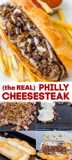 the real philly cheese steak sandwich is shown with french fries