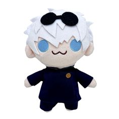 an anime character stuffed animal with blue eyes and white hair, wearing a black outfit