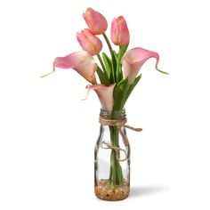 pink flowers in a mason jar filled with sand and sea shells on a white background