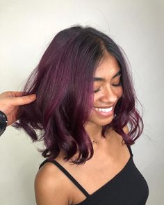 Plum Hair On Tan Skin, Purple Hair Streaks Black Hair, Violet Streaks In Black Hair, Short Eggplant Hair, Dark Plum Highlights On Dark Hair, Deep Plum Balayage, Wine Peekaboo Hair, Hair Colour Purple Dark, Plum Purple Balayage