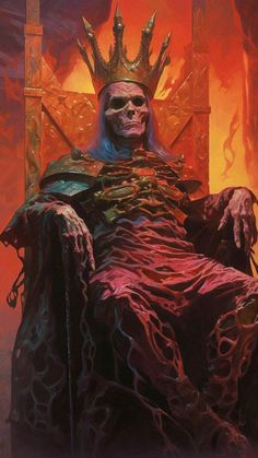 a painting of a skeleton sitting in a chair with a crown on top of his head