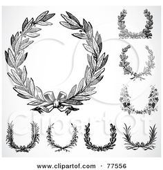 a set of hand drawn laurel wreaths and other decorative elements in vintage engraving style