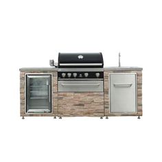 an outdoor kitchen with grill, sink and oven on the counter top in front of white background