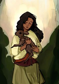 a painting of a woman holding a baby goat in her arms and looking down at the ground