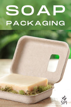 a soap in a foam container with moss on the lid and text that reads soap packaging