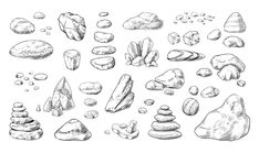 rocks and stones drawn in pencil on white paper