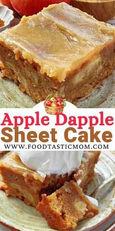 a close up of a piece of cake on a plate with the words apple dapple sheet cake