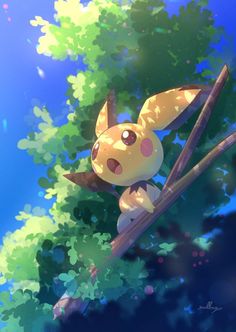 a pikachu sitting on top of a tree branch