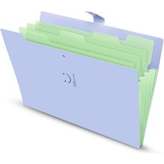 a blue folder with green dividers on it