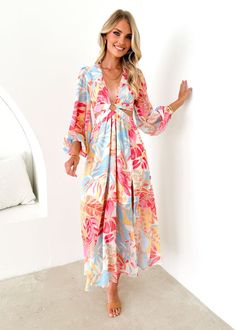 Rita Maxi Dress - Seaside Palm Multicolor Tropical Print Midi Dress For Day Out, Vacation Midi Dress With Cutout Details, Beachwear Midi Dress For Summer Parties, Vacation Cutout Midi Dress, Tropical Multicolor Dress For Day Out, Spring Long Sleeve Cutout Maxi Dress, Beach Season Floral Print Midi Dress For Party, Multicolor Tropical Print Dress For Brunch, Beach Season Party Midi Dress With Floral Print