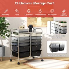 the storage cart has twelve drawers and two trays on each side, along with several other items