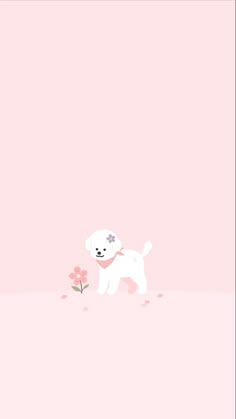 a small white dog standing next to a pink wall with flowers on it's side