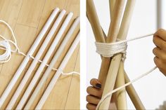 two pictures side by side, one with white yarn and the other with wood sticks