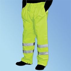 HivizGard High Visibility Lime Green Rain Pants Affordable Protection and Performance in the rain.  Fluorescent Lime Green rain pants keep your visibility high and keep the rain off. Outer shell of 300 denier polyester oxford with PU coating is weatherproof. 2 horizontal 2" wide silver retro-reflective stripes on each leg so you can be seen. Elastic waist (with drawstring) and adjustable ankle snaps ensure a secure fit. Two side slits allow for easy entry to inner pockets. Meets ANSI 107-2015 High Visibility requirements for:  Class E when worn alone. Class 3 when worn with ANSI Class 2 or 3 vest or jacket.  Size: Choose from sizes Small to 7XL in Fluorescent Lime Green. Green Windbreaker, Green Parka, Rain Suit, Thermal Pants, Cut Resistant Gloves, Lab Coats, Cotton Gloves, Mesh T Shirt, Rain Pants