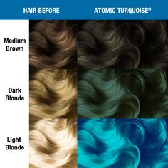 NOW AVAILABLE IN 8 OZ SIZE! *Select 8 oz or 4 oz size from the dropdown menu to choose your player! GUILT-FREE GLAMOUR!®Atomic Turquoise is a bright, neon, radiant aqua blue hair dye with green undertones. This color can add turquoise tones to virgin, unbleached hair, but looks brightest when hair is lightened to the lightest level 10 blonde. We recommend toning hair that has yellow tones before use to avoid undesired hues. How many 4oz containers of Manic Panic hair color should I buy? Short Ha Denim Blue Hair, Lightening Hair, Manic Panic Hair Color, Manic Panic Hair, Emerald Green Hair, Bad Boys Blue, Emerald Hair, Green Hair Dye, Hair Color Spray