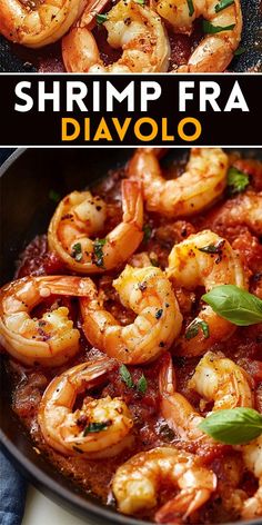 shrimp and tomato sauce in a skillet with the words shrimp fra divolo