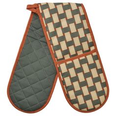 the oven mitt is made from an orange and grey checkered material with brown trim