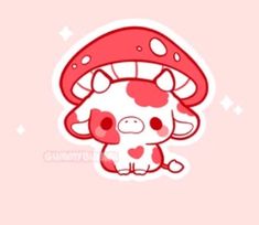 a cartoon cow with big teeth and a mushroom on it's head, sitting in front of a pink background