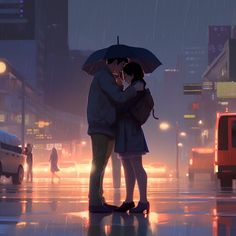 two people standing under an umbrella on a rainy night in the city with traffic lights