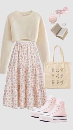 Casual Pink Outfit Ideas, Pink Cottage Core Outfit, Coquette Outfit Casual, Elegant Modesty Outfit, Christian Winter Outfits, Pink Outfits Modest, Coqquete Outfits Ideas, Colorful Modest Outfits, Modest Outfits For Church