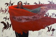 a painting of a man wrapped in a red blanket with horses behind him and the american flag draped over his shoulders