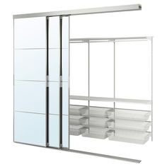 an open sliding glass door with shelves and drawers on the bottom floor, in front of a white background