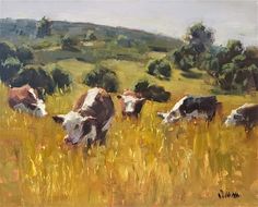 a painting of cows grazing in a field