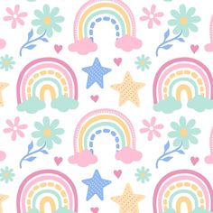 a pattern with rainbows, stars and flowers on a white background in pastel colors