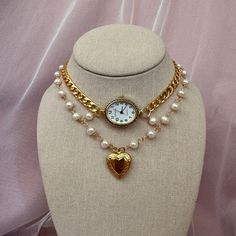 Watch Necklace with Pearls and Heart Locket Watch Choker Necklace in Working Condition Hand made necklace.  Amazing Watch Choker, Keeps Time! Diy Heart Necklace, Heart Clothes Aesthetic, Junk Necklace, 1980s Necklace, Watch Choker, Pearl Ideas, Maximalist Jewelry, Time Necklace, 80s Jewelry