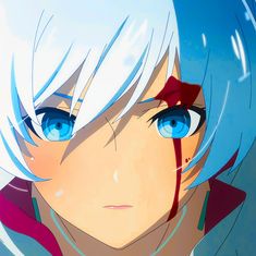 an anime character with white hair and blue eyes looks at the camera while staring into the distance