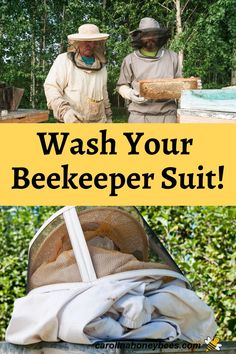 two people in bee suits with the words wash your beekeeper suit over them and below