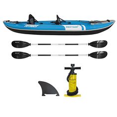 an inflatable kayak with two paddles and a life jacket attached to it