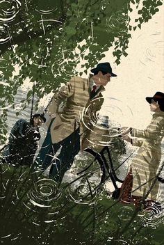 two people riding bicycles in the woods with trees and water around them, one man is wearing a hat