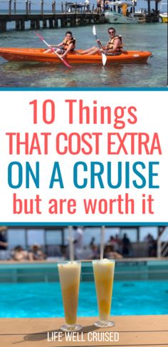 two people on a boat in the water with text overlay reading 10 things that cost extra on a cruise but are worth it