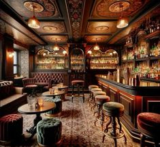 a fancy bar with many stools and tables