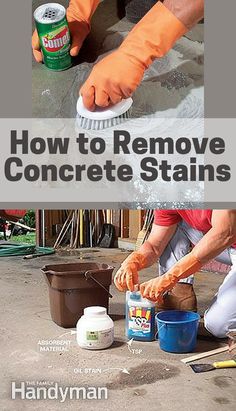 how to remove concrete stains from the floor with an orange glove and paint buckets