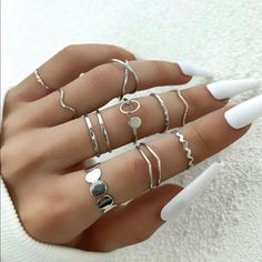 10 Piece Set Material: Alloy Multiple Sizes Midi Rings Silver, Ring Party Jewelry, Hollow Ring, Knuckle Ring, Finger Rings, Rings For Girls, Fashion Ring, Hand Jewelry, Trendy Jewelry