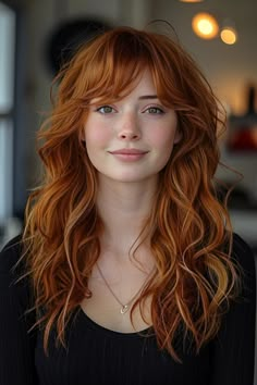 Shaggy Bangs Wavy Hair, Shag Haircut Red Hair, Bangs Auburn Hair, Long Red Shag Haircut, Copper Hair With Fringe Bangs, Type 2 Haircuts, Back View Layered Hair, Mid Length Hair With Layers And Bangs Shag Hairstyles, Ginger Shag Haircut