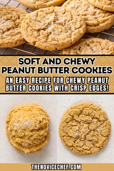 the recipe for soft and chewy peanut butter cookies is shown in three different pictures