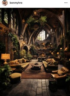 a living room filled with lots of furniture and plants on the walls, along with an arched ceiling