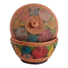 two baskets with different colored designs on the top one is made out of woven material