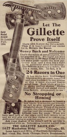 Gillette began selling the safety razor in 1903. Just as with a cell phone, it is the continued usage cost that is the basis for the business. This 1904 advertisement promised six new blades at no additional cost and then additional blades "at nominal cost." Barber Shop Decor, Diy Tv, Mens Shaving, Shaving Brush