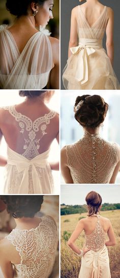 the back of a woman's wedding dress is shown in four different pictures, including one