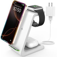 an apple watch charging in the shape of a cell phone with a charger attached to it